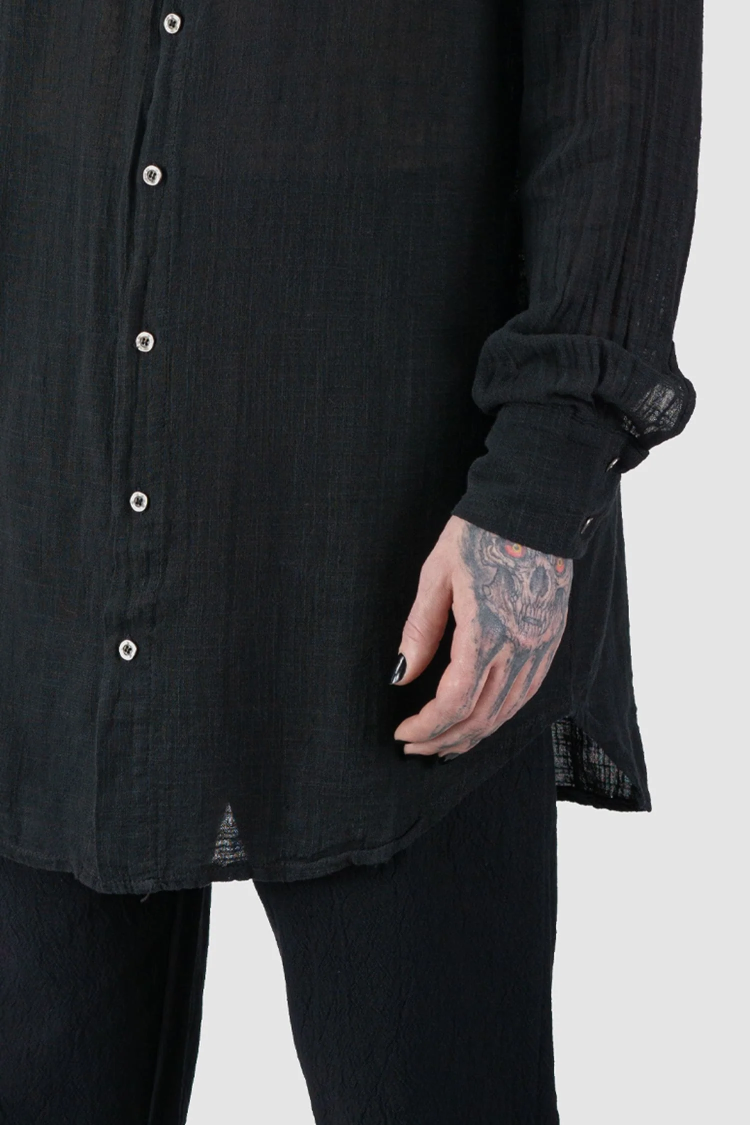 Black Long Light Cotton Gauze Mandarin Collar Shirt - Image 3