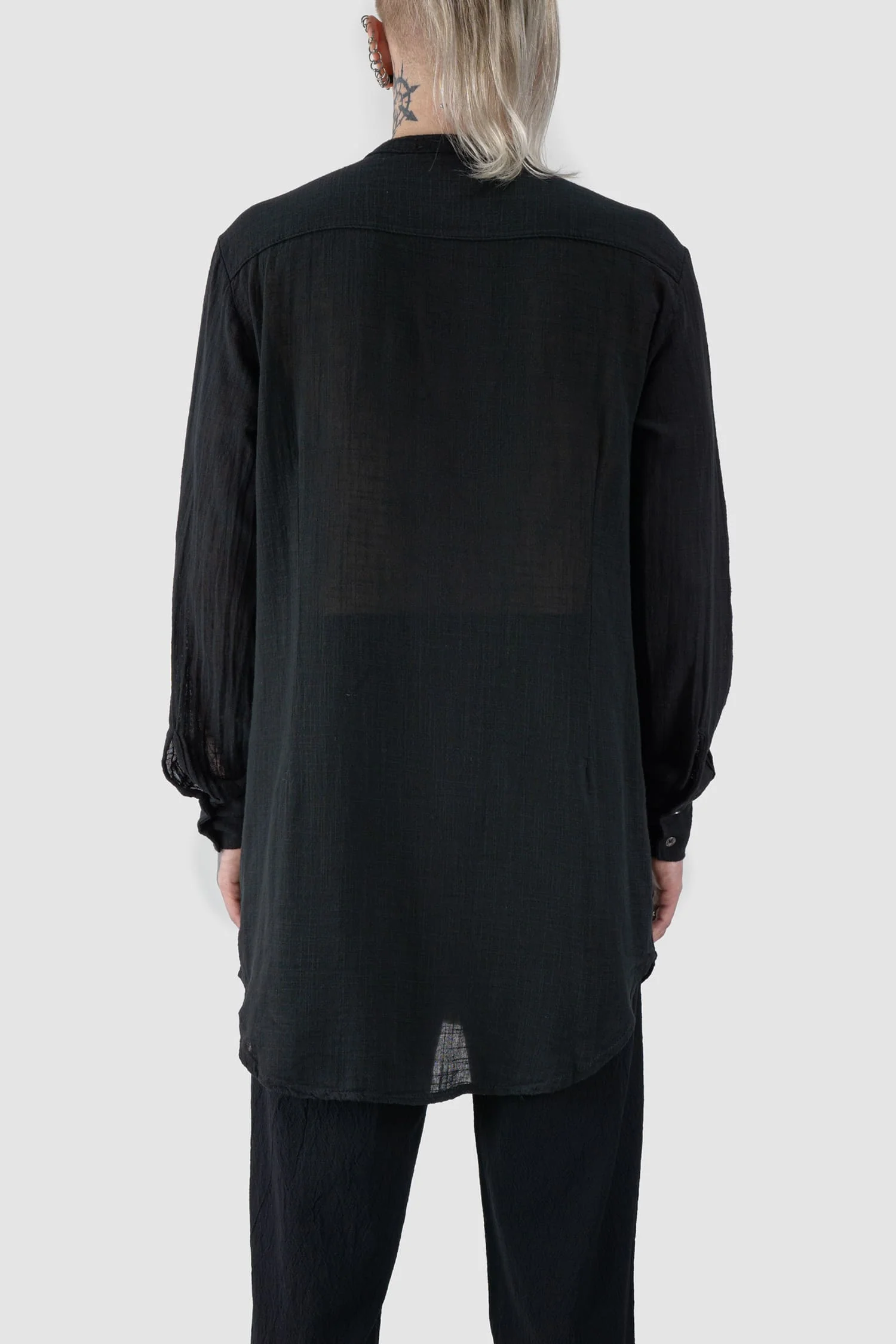 Black Long Light Cotton Gauze Mandarin Collar Shirt - Image 4