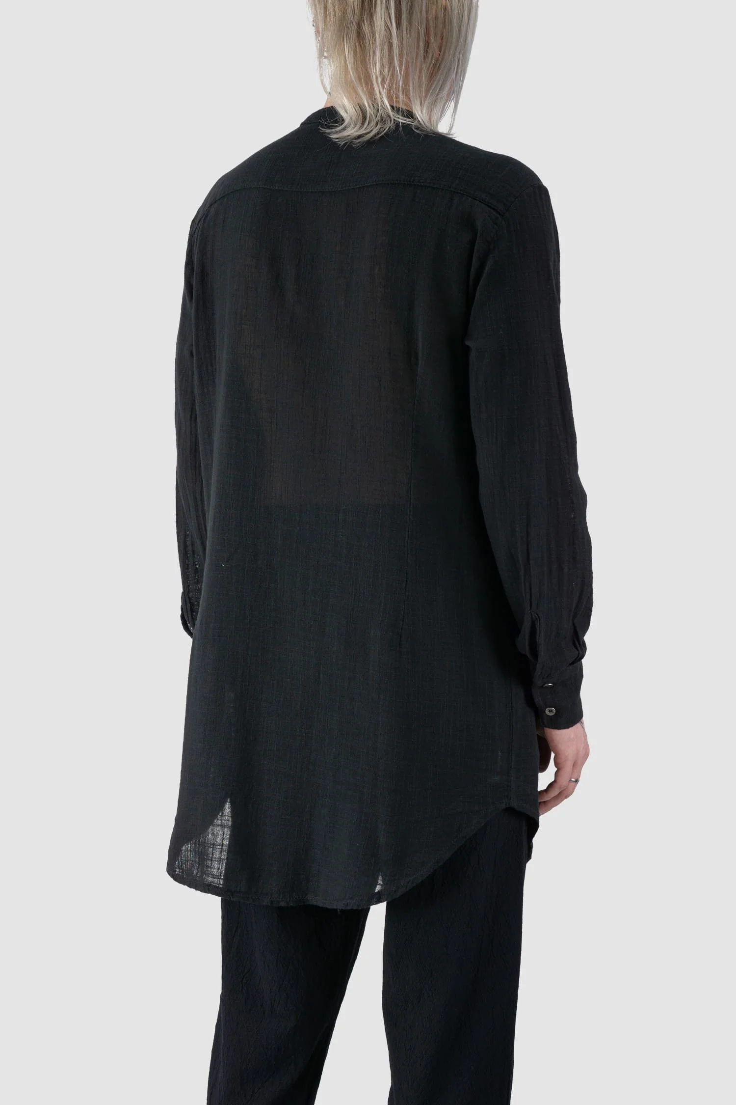 Black Long Light Cotton Gauze Mandarin Collar Shirt - Image 5