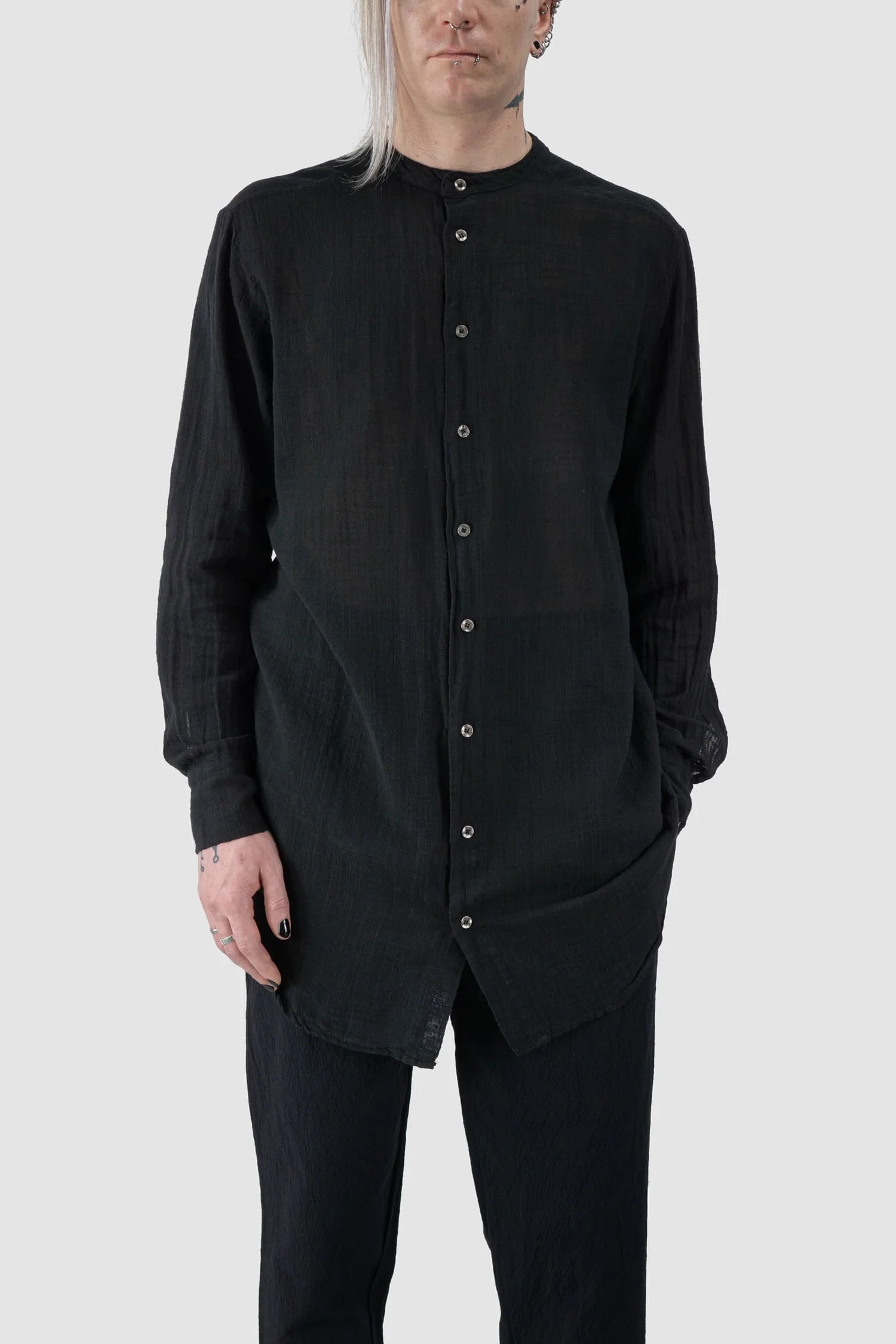 Black Long Light Cotton Gauze Mandarin Collar Shirt - Image 6
