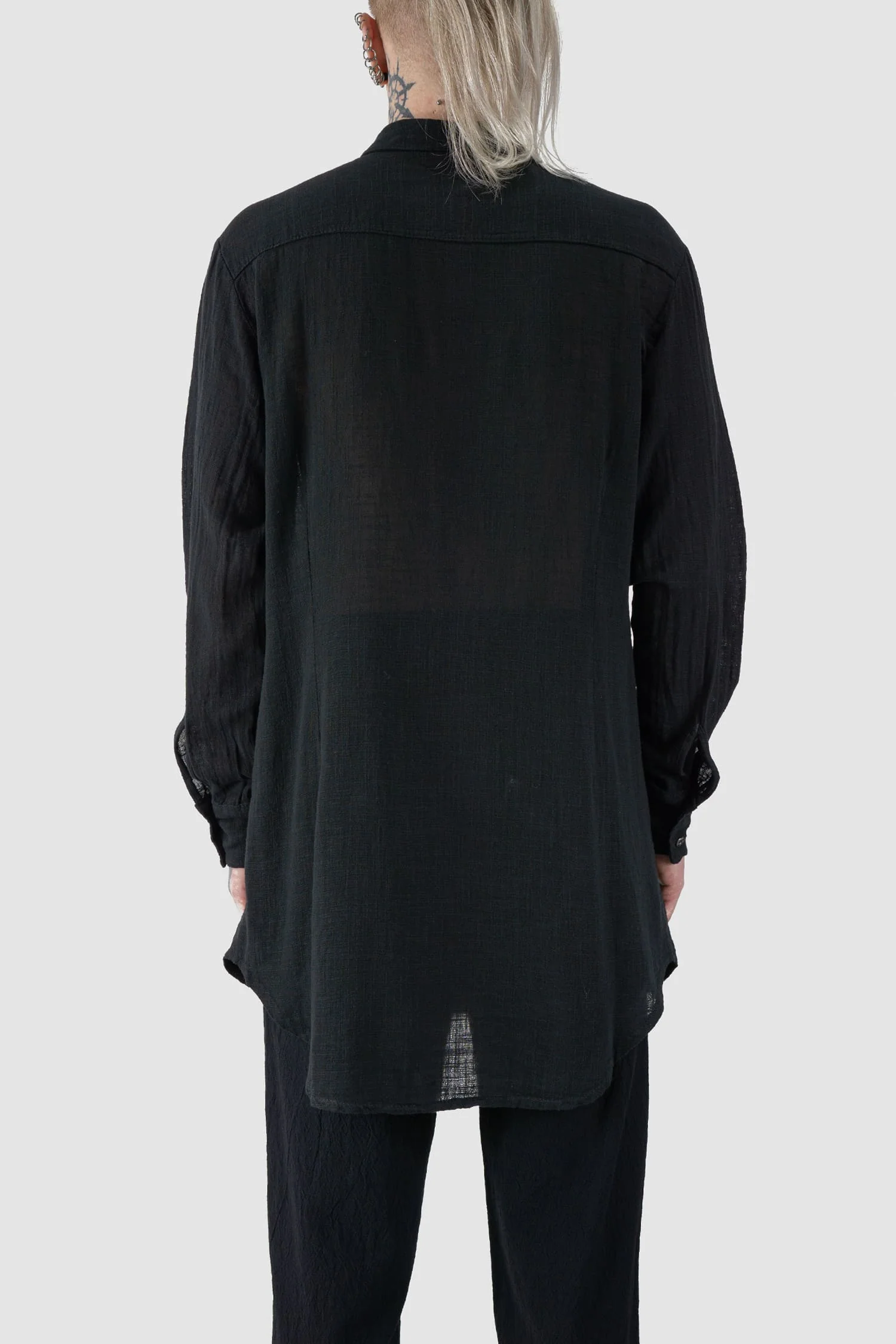 Black Long Lightweight Cotton Gauze Long Sleeve Shirt - Image 5