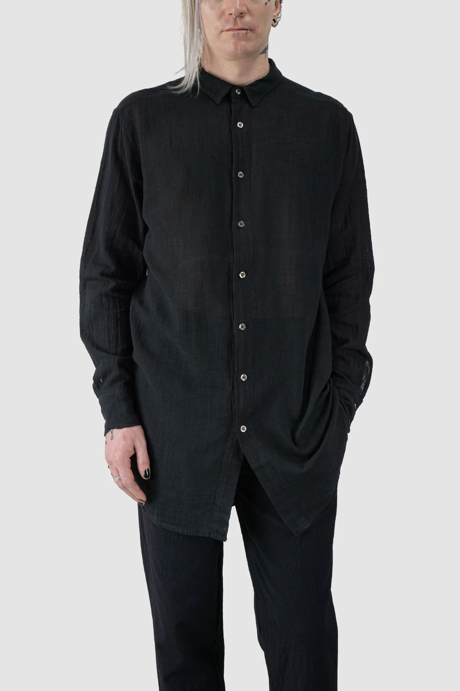 Black Long Lightweight Cotton Gauze Long Sleeve Shirt - Image 7