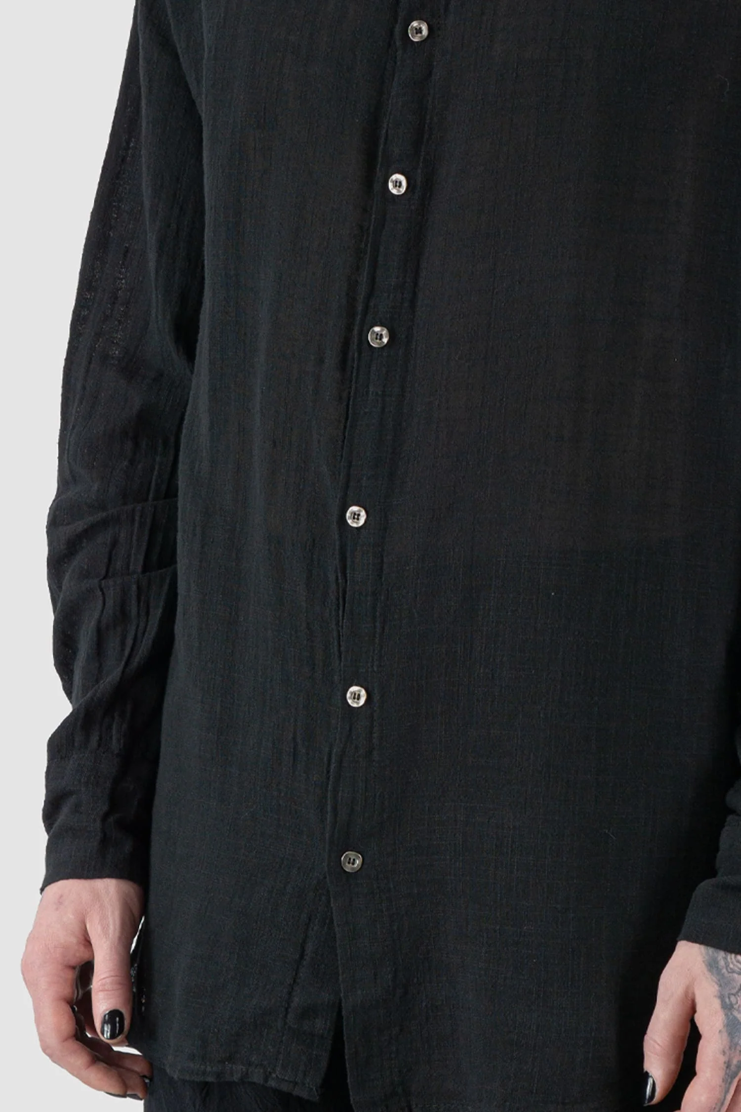 Black Regular Cotton Gauze Mandarin Collar Shirt - Image 3