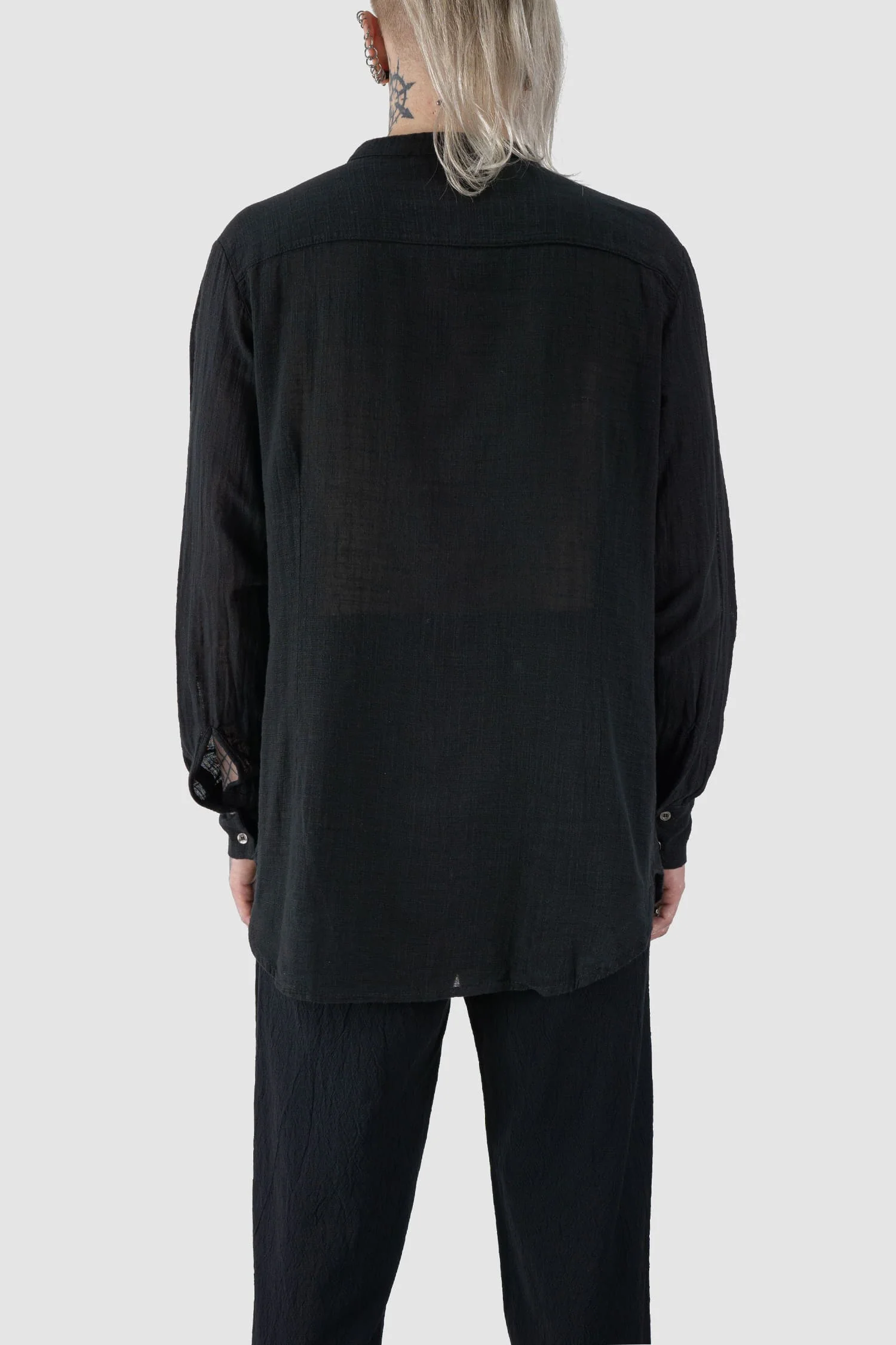 Black Regular Cotton Gauze Mandarin Collar Shirt - Image 4