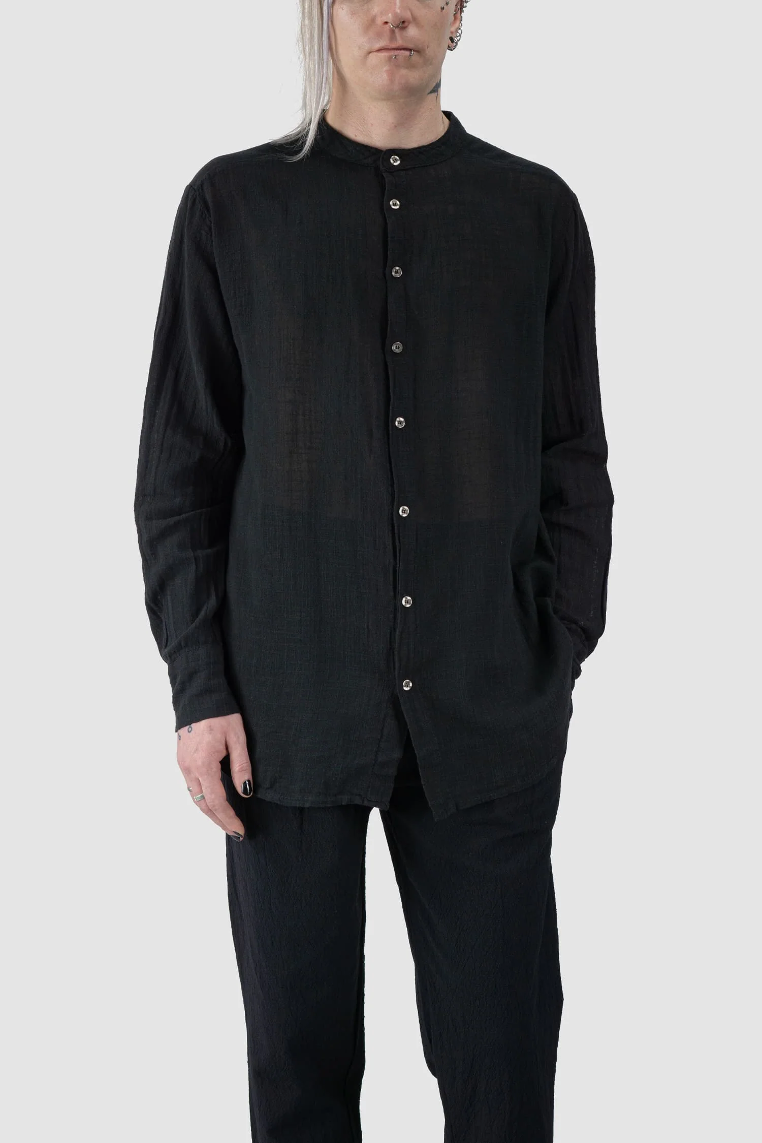 Black Regular Cotton Gauze Mandarin Collar Shirt - Image 6