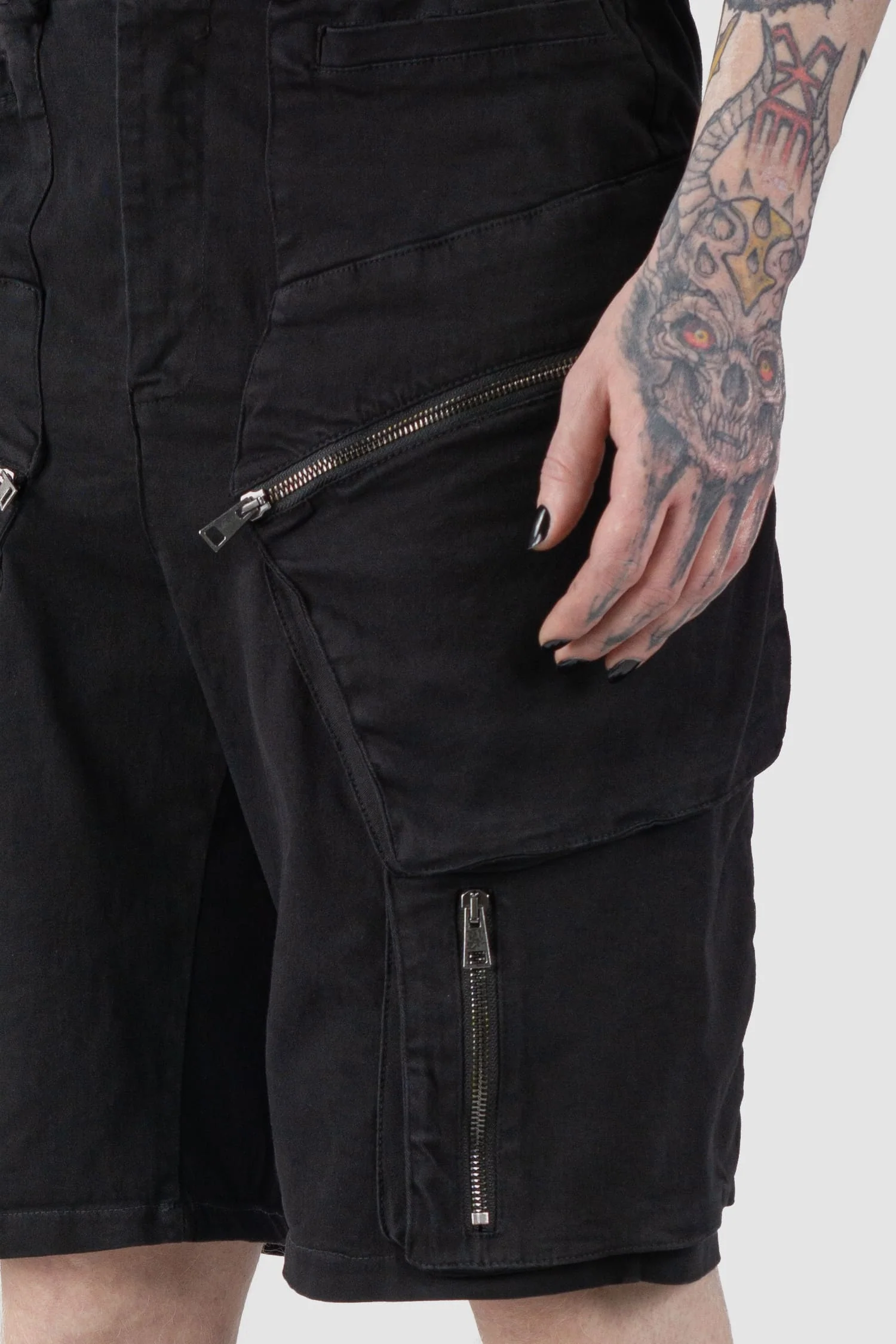 Black Stretch Cotton Denim Utility Cargo Shorts - Image 3