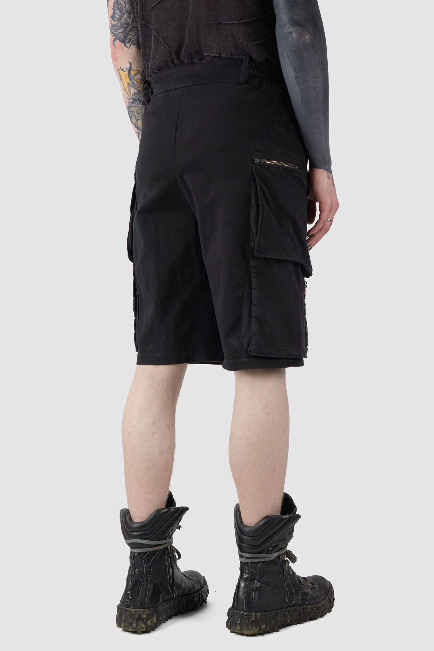 Black Stretch Cotton Denim Utility Cargo Shorts - Image 5