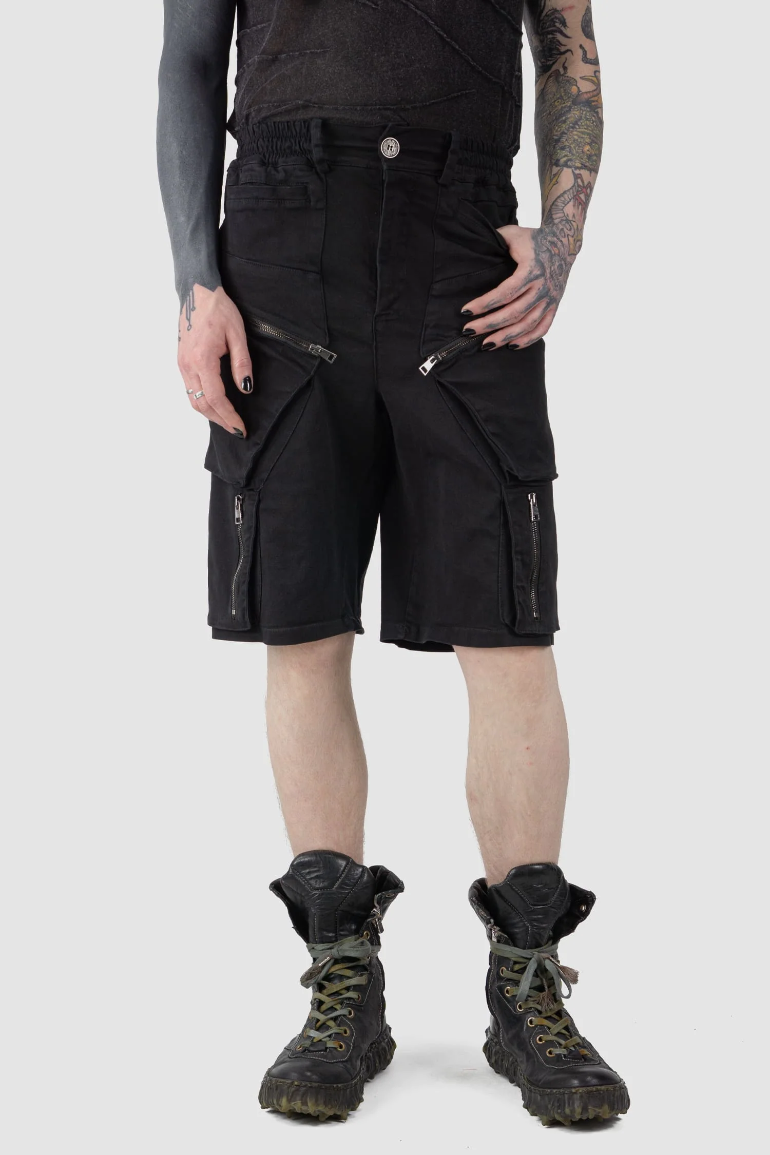 Black Stretch Cotton Denim Utility Cargo Shorts - Image 6
