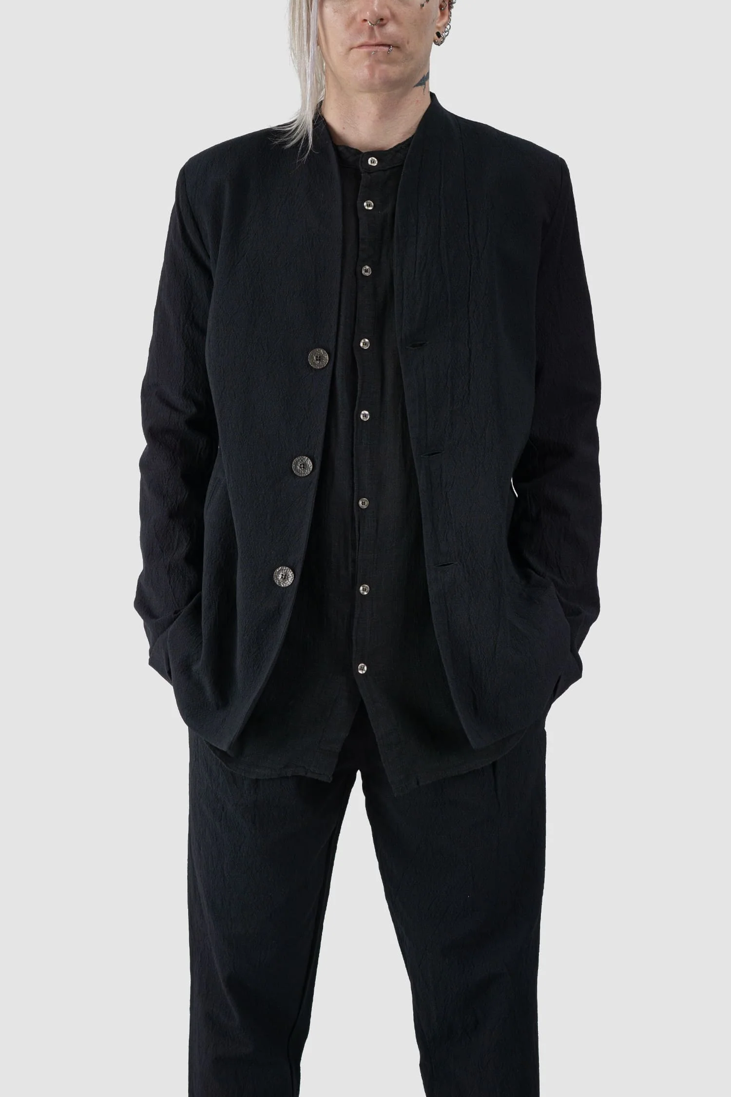 Black Stretch Cotton Jacquard Blazer Jacket - Image 7